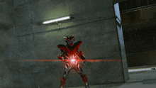 a person in a red suit is standing in front of a concrete wall