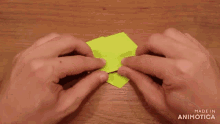 a person is holding a piece of green paper with the words made in animotica written on the bottom