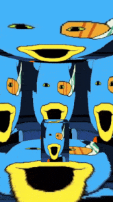 a cartoon of a blue and yellow duck with a big mouth