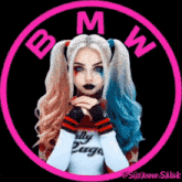 a girl in a harley quinn costume is in a pink bmw logo