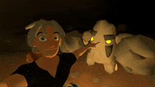 a cartoon character standing next to a rock with glowing yellow eyes