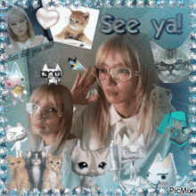 a girl wearing glasses is surrounded by cats and the words see ya