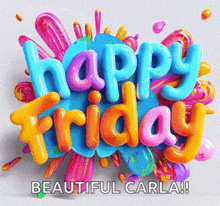 a colorful happy friday greeting card with the words `` happy friday '' surrounded by colorful balloons .