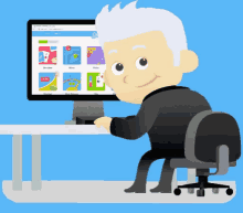 a cartoon of a man sitting at a desk using a computer with a screen that says " home "