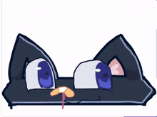 a cartoon drawing of a black cat with blue eyes and a tongue sticking out