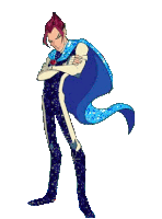 a cartoon character with a blue cape on his back