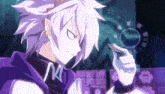 a purple haired anime character is holding a key in his hand
