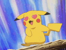 a pikachu with hearts on his eyes is standing on a rock