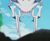 a white spider with pink beads around its neck is flying in the air
