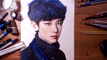 a drawing of a man with blue hair is surrounded by colored pencils and markers