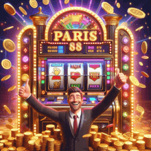 a man giving a thumbs up in front of a paris slot machine