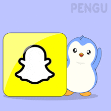 a penguin standing next to a yellow snapchat icon