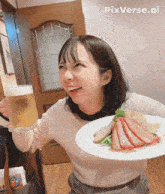 a woman holding a glass of beer and a plate of food with pixverse.ai on the bottom