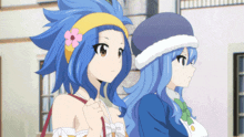a girl with blue hair and a flower on her head