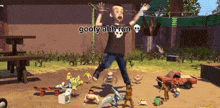 a cartoon character from toy story is jumping in the air while surrounded by toys .