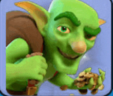 a green goblin with a bag on his back is smiling and holding some nuts .
