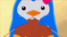 a penguin with a pink bow on its head is knitting a sweater .