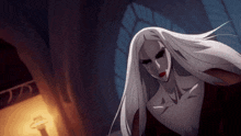 a cartoon drawing of a vampire with long white hair and red lips .