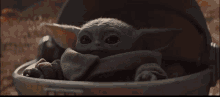 a baby yoda is sitting in a stroller and looking out the window