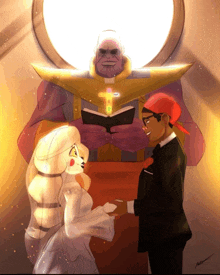 a cartoon of a bride and groom getting married with thanos behind them
