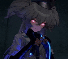 a cartoon character with white hair and blue gloves holds a sword