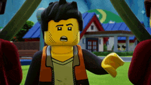 a lego man with a surprised look on his face stands in front of a building