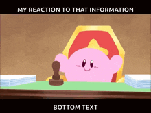 a cartoon of kirby sitting at a desk with a stamp in his hand