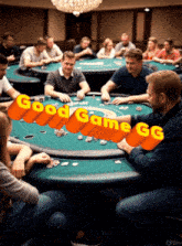 a group of people are playing poker and the words good game gg are above them