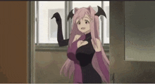 a girl with pink hair and bat ears is standing next to a window in a room .