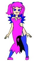 a cartoon girl with pink hair and blue eyes is wearing a pink and blue dress