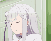 a girl with white hair and purple eyes has a star on her hair