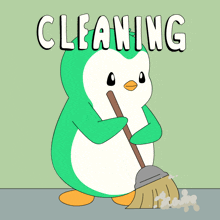 a cartoon penguin is sweeping the floor with the word cleaning above it
