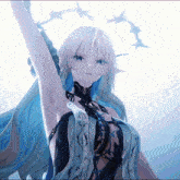 a girl with long white hair and blue eyes is wearing a blue and black outfit