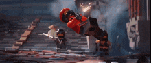 a lego character is flying through the air with a sword in his hand