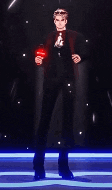 a man is standing in front of a stage holding a red object