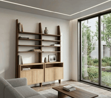 a living room with a couch a bookshelf and a table