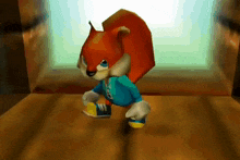 a cartoon squirrel wearing a blue shirt with the letter a on it