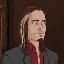 a man with long hair and a beard is wearing a suit and red shirt