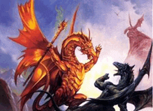 a painting of two dragons fighting each other in a landscape .