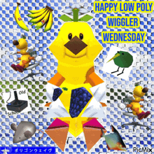 a happy low poly wiggler wednesday greeting card with cartoon characters
