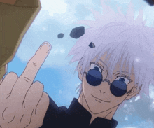 a cartoon character with white hair and sunglasses giving the middle finger