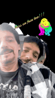 a man in a plaid shirt is holding another man 's face and says " miss un face too "