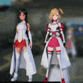 two anime girls are standing next to each other in a blurry photo