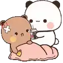 two panda bears are sitting next to each other on a bed . one bear is holding a cup of milk .