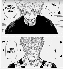 a black and white drawing of a man with the words long time no see and for real