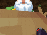 a minecraft character is sitting at a table with a purple glove