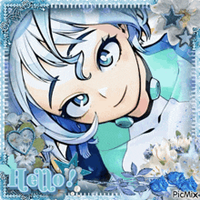 a picture of a girl with white hair and blue eyes is surrounded by flowers and the word hello