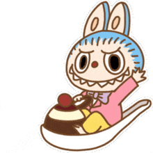 a cartoon character is sitting in a spoon with a cake on it