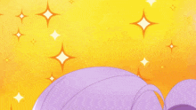 a girl with purple hair and overalls has her hand up in the air