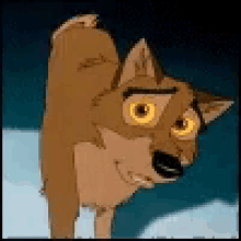 a cartoon dog with big yellow eyes is standing in the snow .